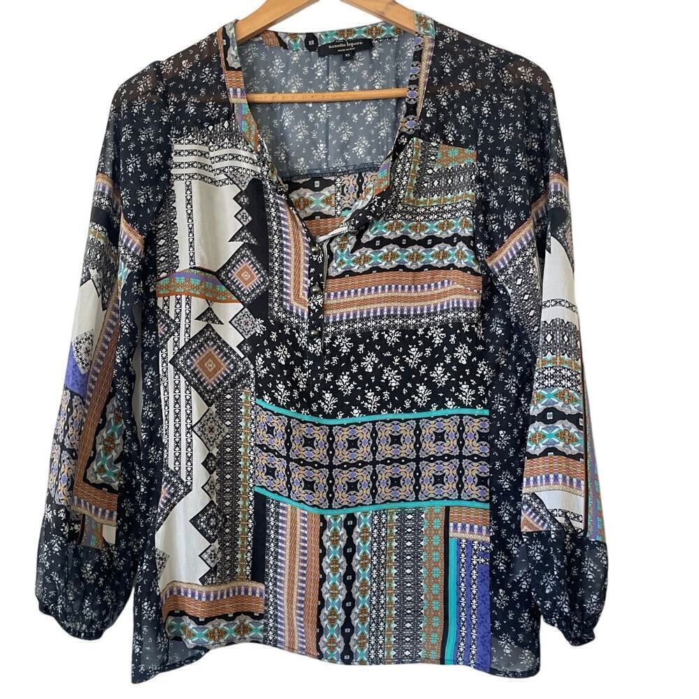 Nanette Leopore 100% Silk Scarf Print Popover Long Sleeve Blouse • Size XS ⬇️